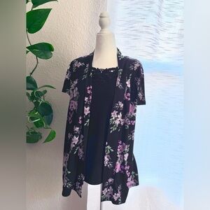 Liz McCoy 2 in 1 Black Floral Open Front Cardigan with Lace Trim Tank